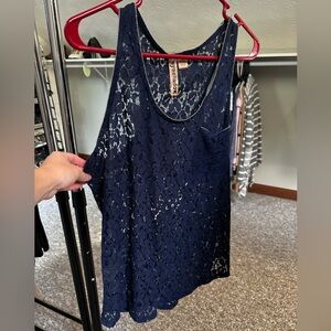 Navy blue, floral print mesh tank. Large.